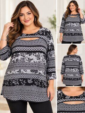 Allison Daley 2X Floral Tunic Top Black Gray Keyhole 3/4 Sleeve Stretch Knit